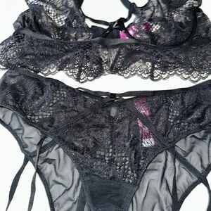 Adore Me Black and Pink Lace Bra Set